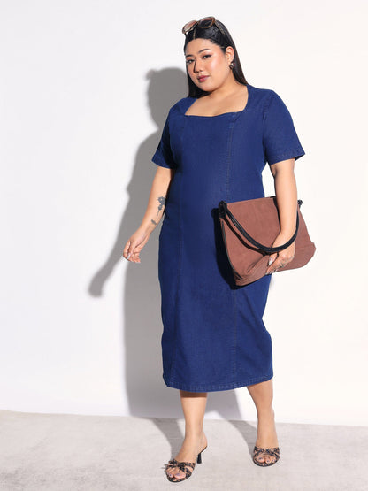 Women Navy Blue Denim Short Sleeves Bodycon Dress