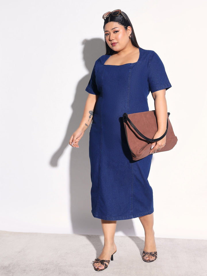 Women Navy Blue Denim Short Sleeves Bodycon Dress