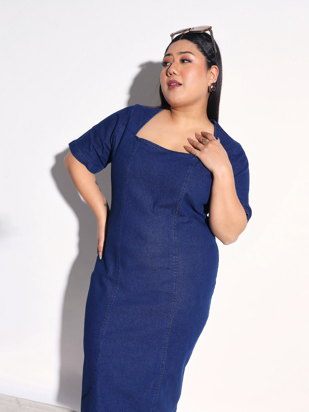 Women Navy Blue Denim Short Sleeves Bodycon Dress