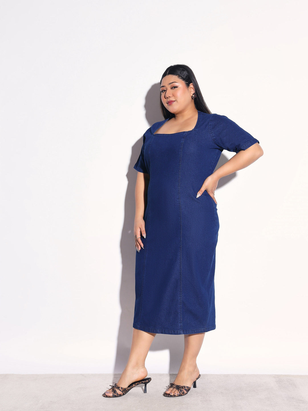 Women Navy Blue Denim Short Sleeves Bodycon Dress