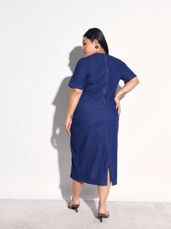 Women Navy Blue Denim Short Sleeves Bodycon Dress