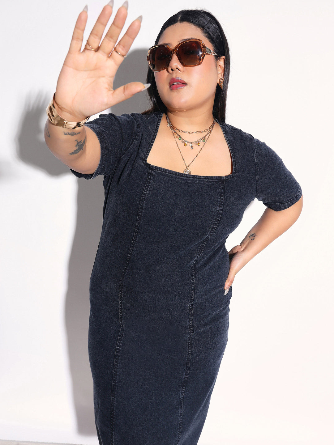 Women Black Denim Wash Short Sleeves Bodycon Dress