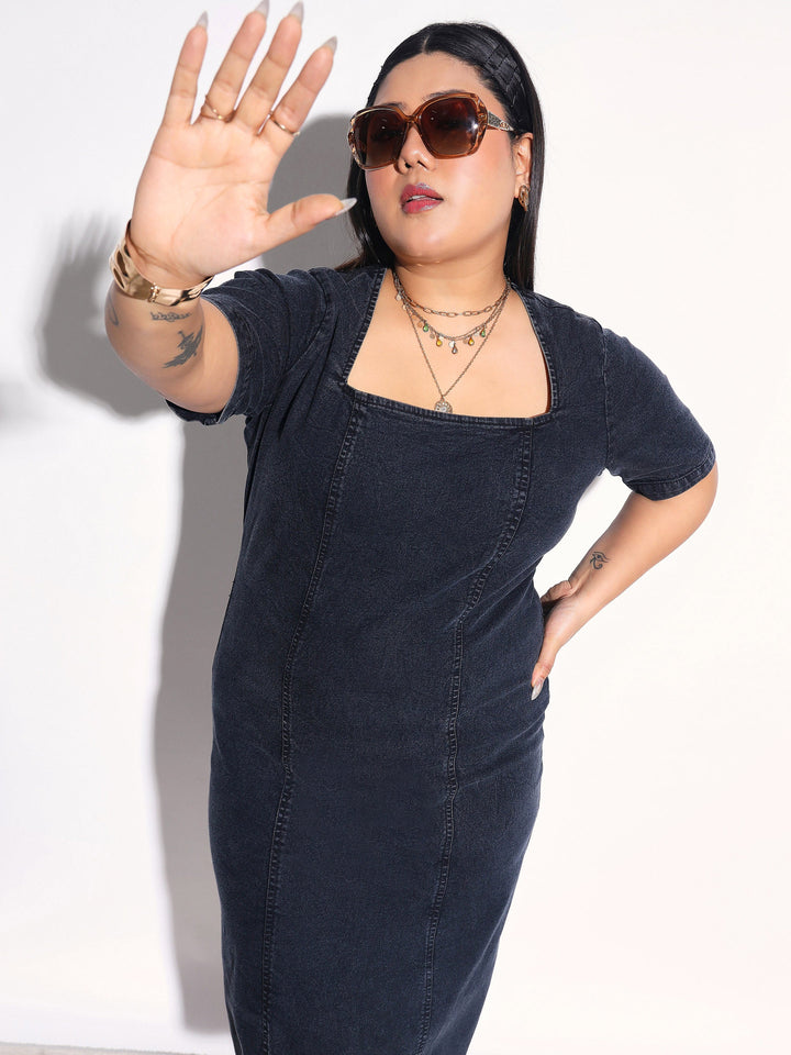 Women Black Denim Wash Short Sleeves Bodycon Dress