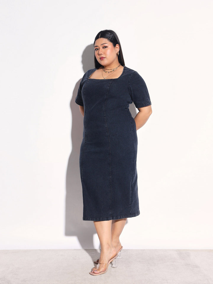 Women Black Denim Wash Short Sleeves Bodycon Dress