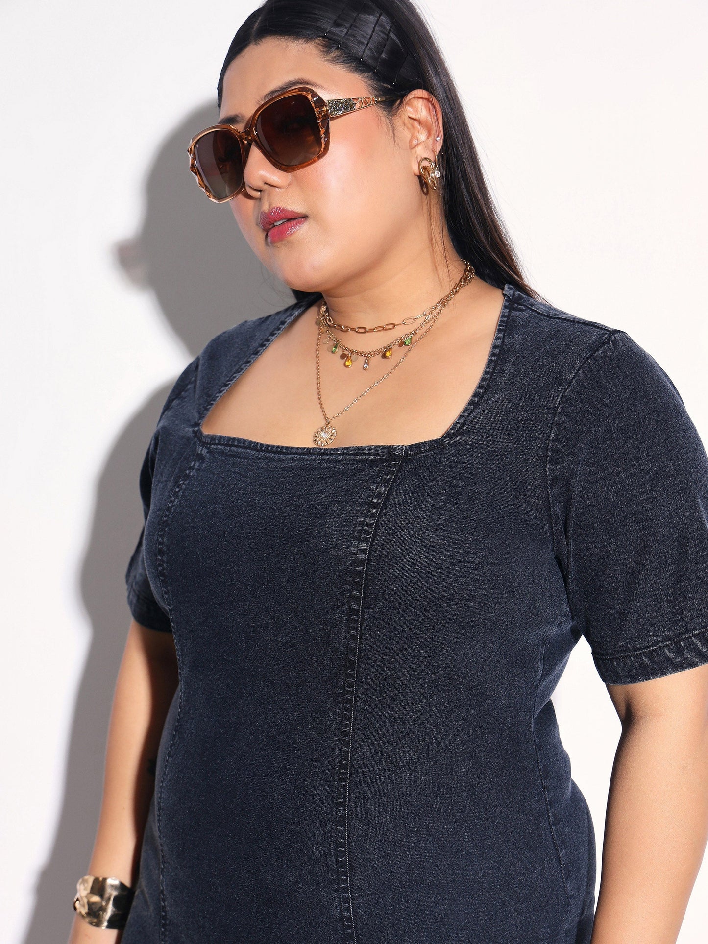 Women Black Denim Wash Short Sleeves Bodycon Dress