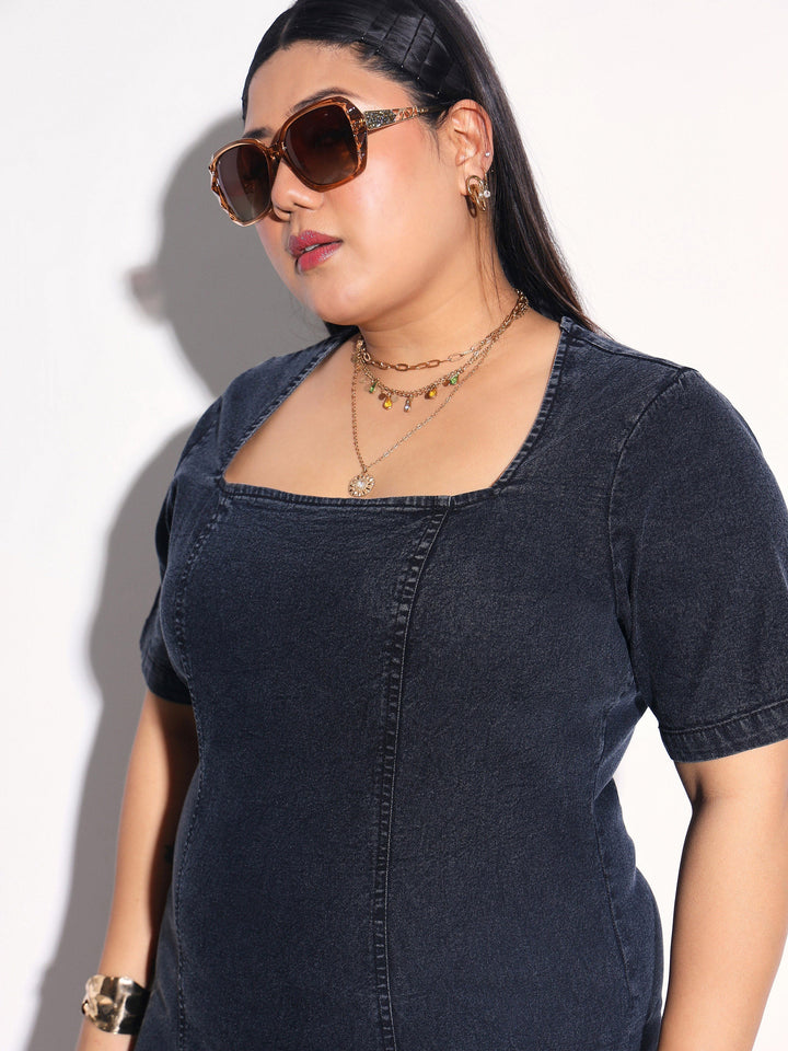 Women Black Denim Wash Short Sleeves Bodycon Dress