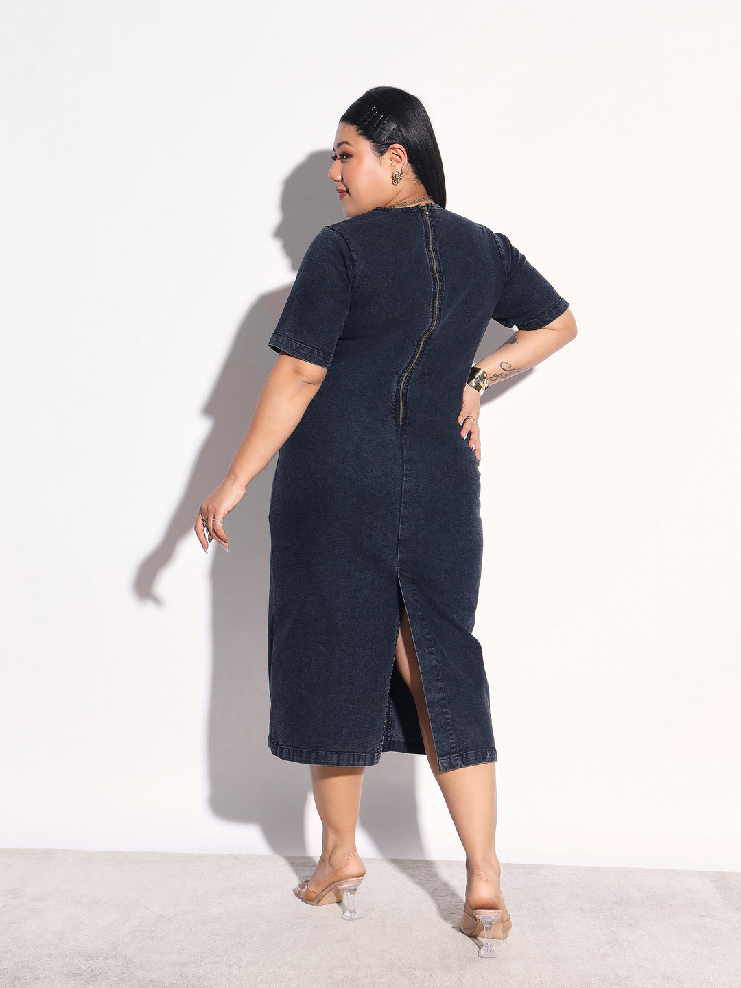 Women Black Denim Wash Short Sleeves Bodycon Dress
