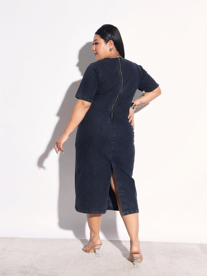 Women Black Denim Wash Short Sleeves Bodycon Dress