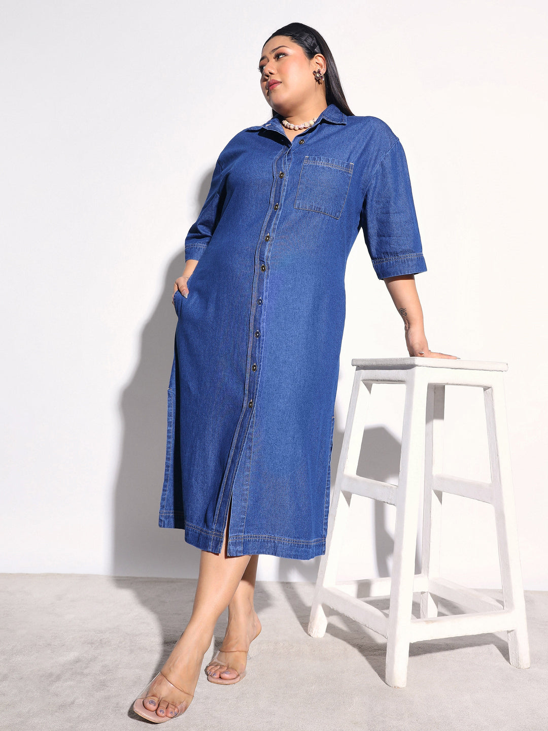 Women Navy Blue Tencel Button Down Shirt Midi Dress