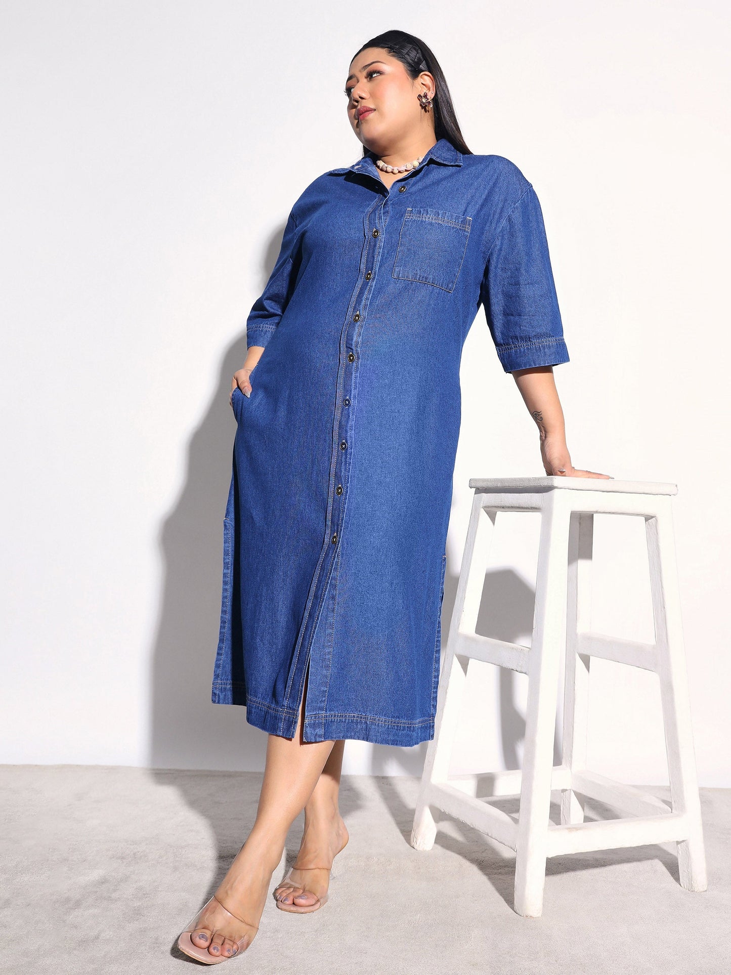 Women Navy Blue Tencel Button Down Shirt Midi Dress