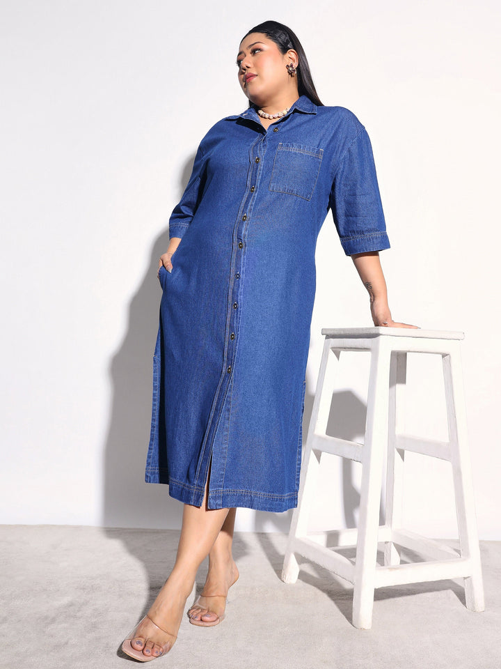 Women Navy Blue Tencel Button Down Shirt Midi Dress