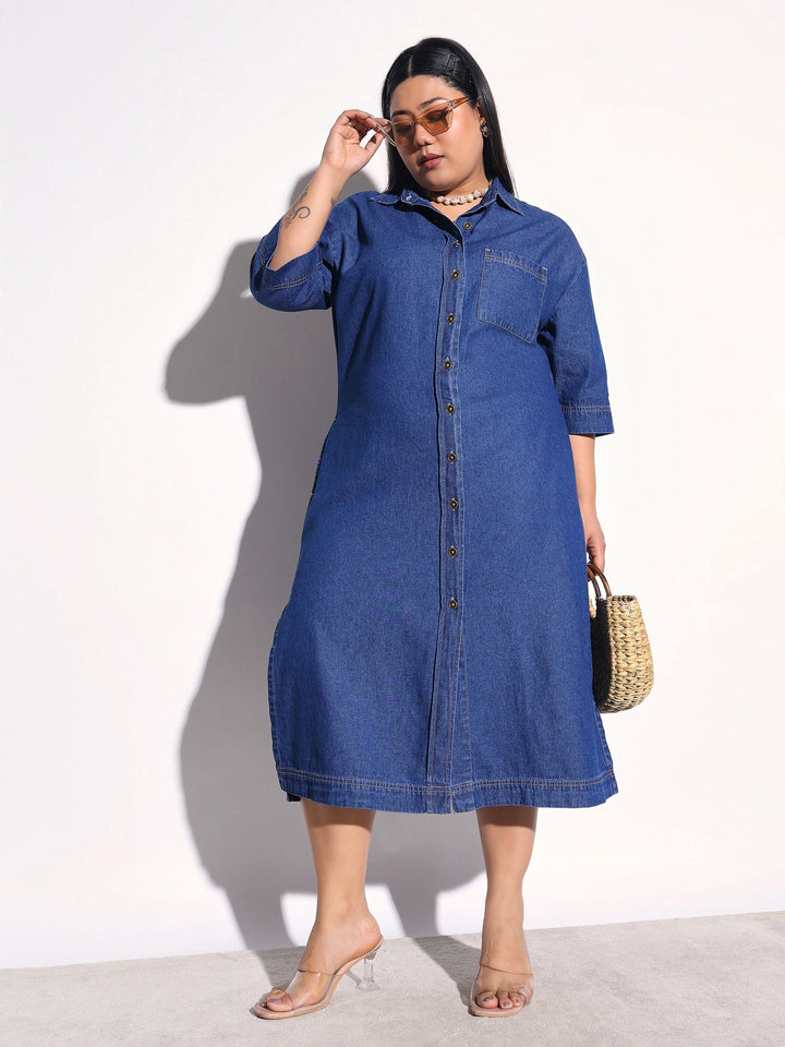 Women Navy Blue Tencel Button Down Shirt Midi Dress