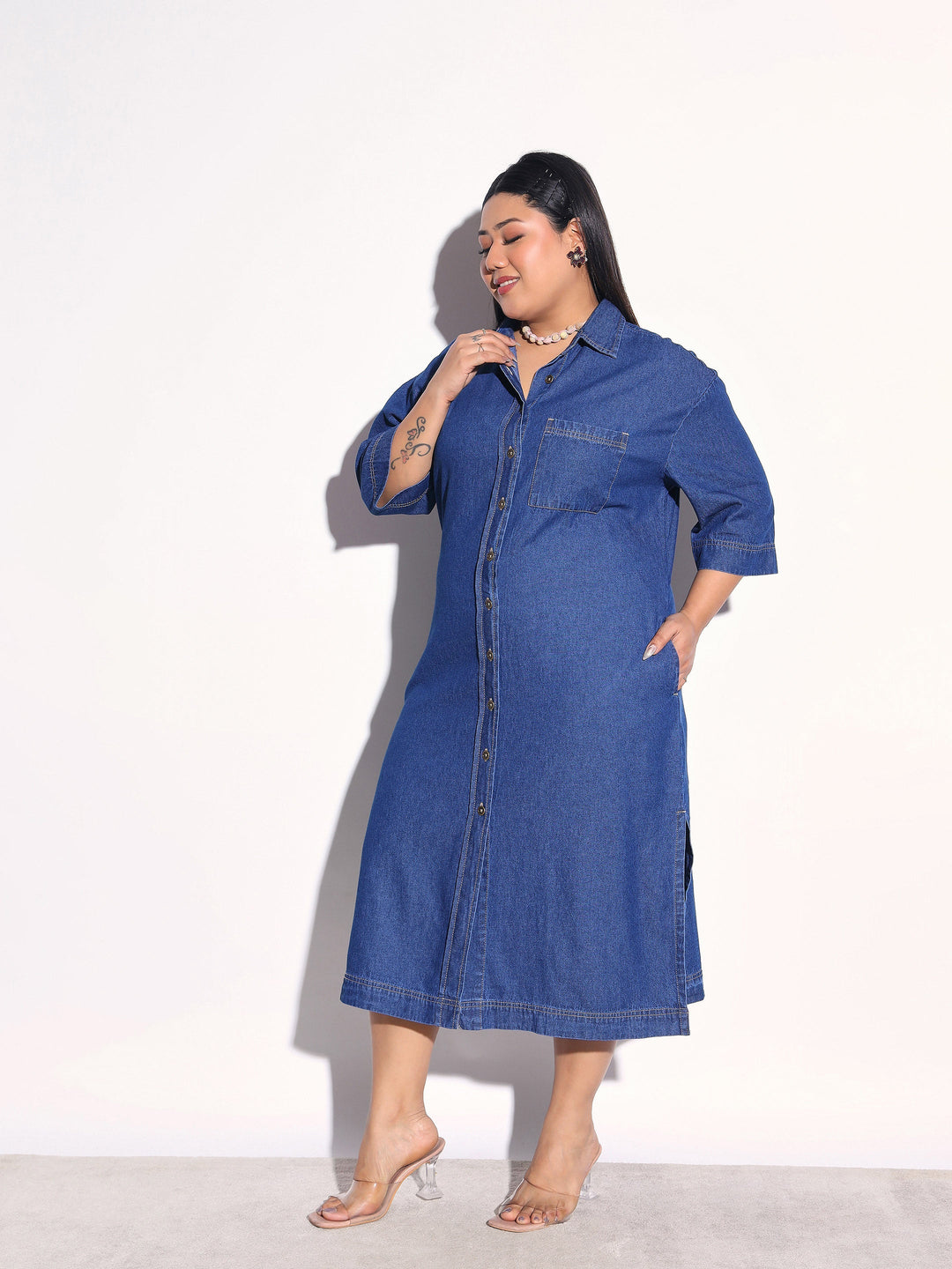 Women Navy Blue Tencel Button Down Shirt Midi Dress