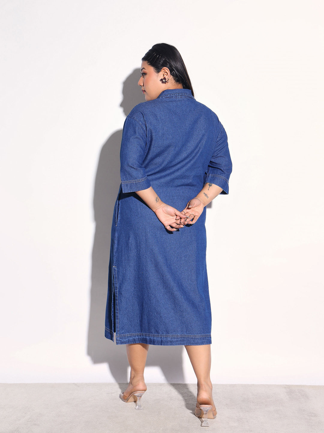 Women Navy Blue Tencel Button Down Shirt Midi Dress