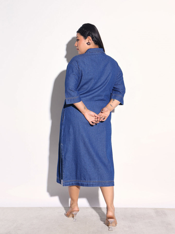 Women Navy Blue Tencel Button Down Shirt Midi Dress