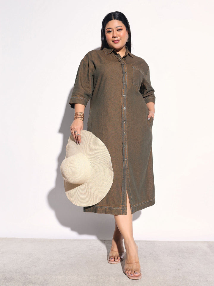 Women Green Wash Tencel Button Down Shirt Midi Dress