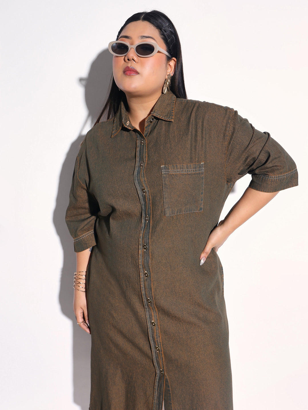 Women Green Wash Tencel Button Down Shirt Midi Dress