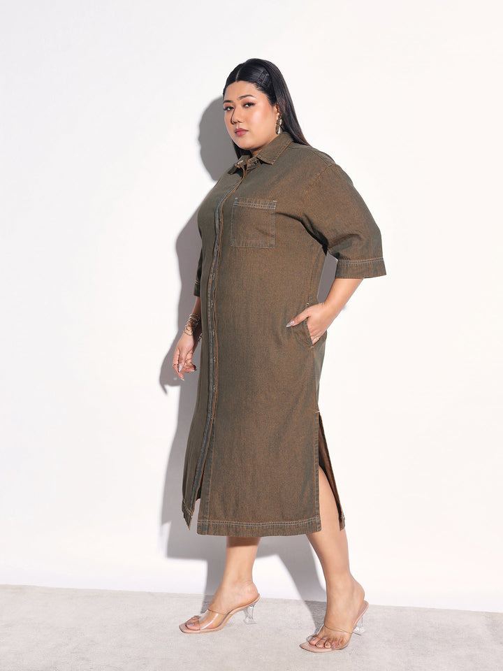 Women Green Wash Tencel Button Down Shirt Midi Dress