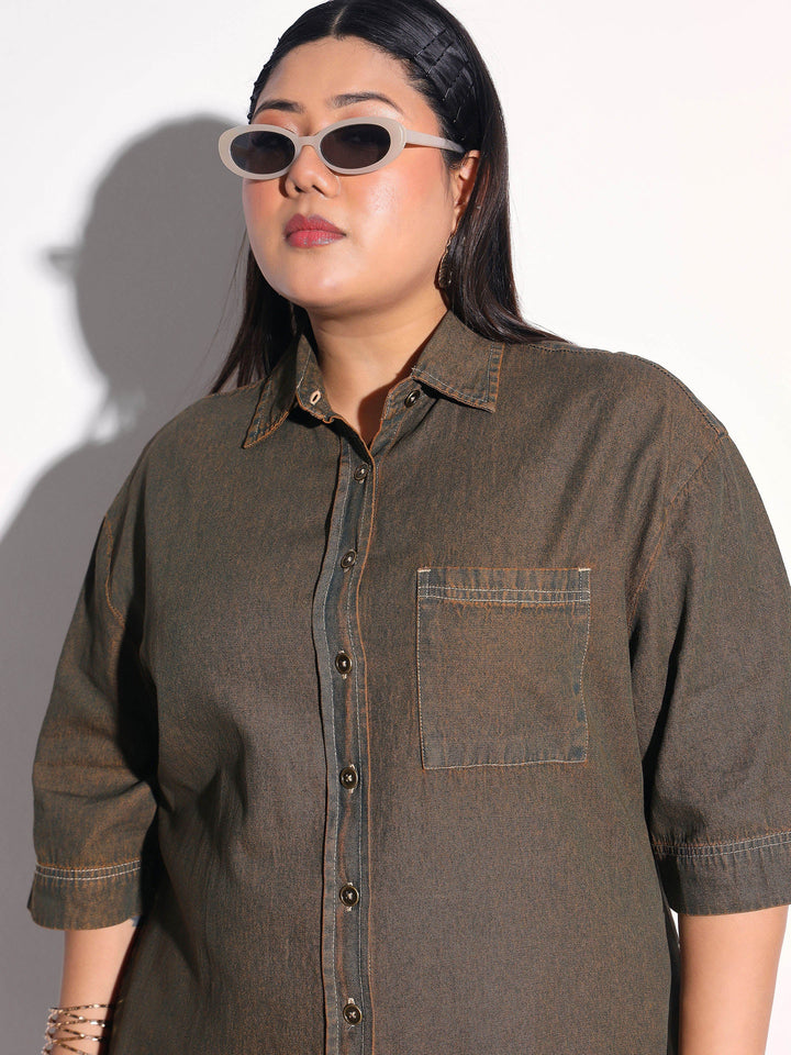 Women Green Wash Tencel Button Down Shirt Midi Dress