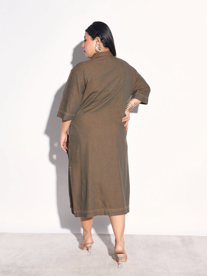 Women Green Wash Tencel Button Down Shirt Midi Dress