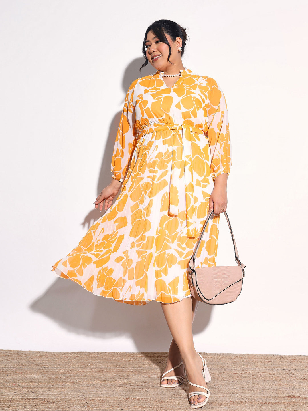 Women Yellow &amp; White Floral Pleated Midi Dress