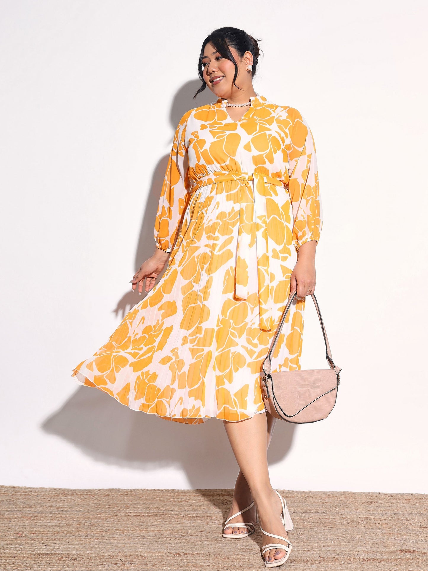 Women Yellow & White Floral Pleated Midi Dress
