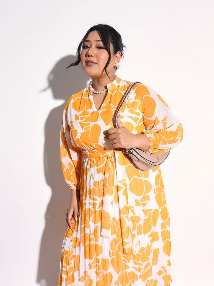 Women Yellow &amp; White Floral Pleated Midi Dress
