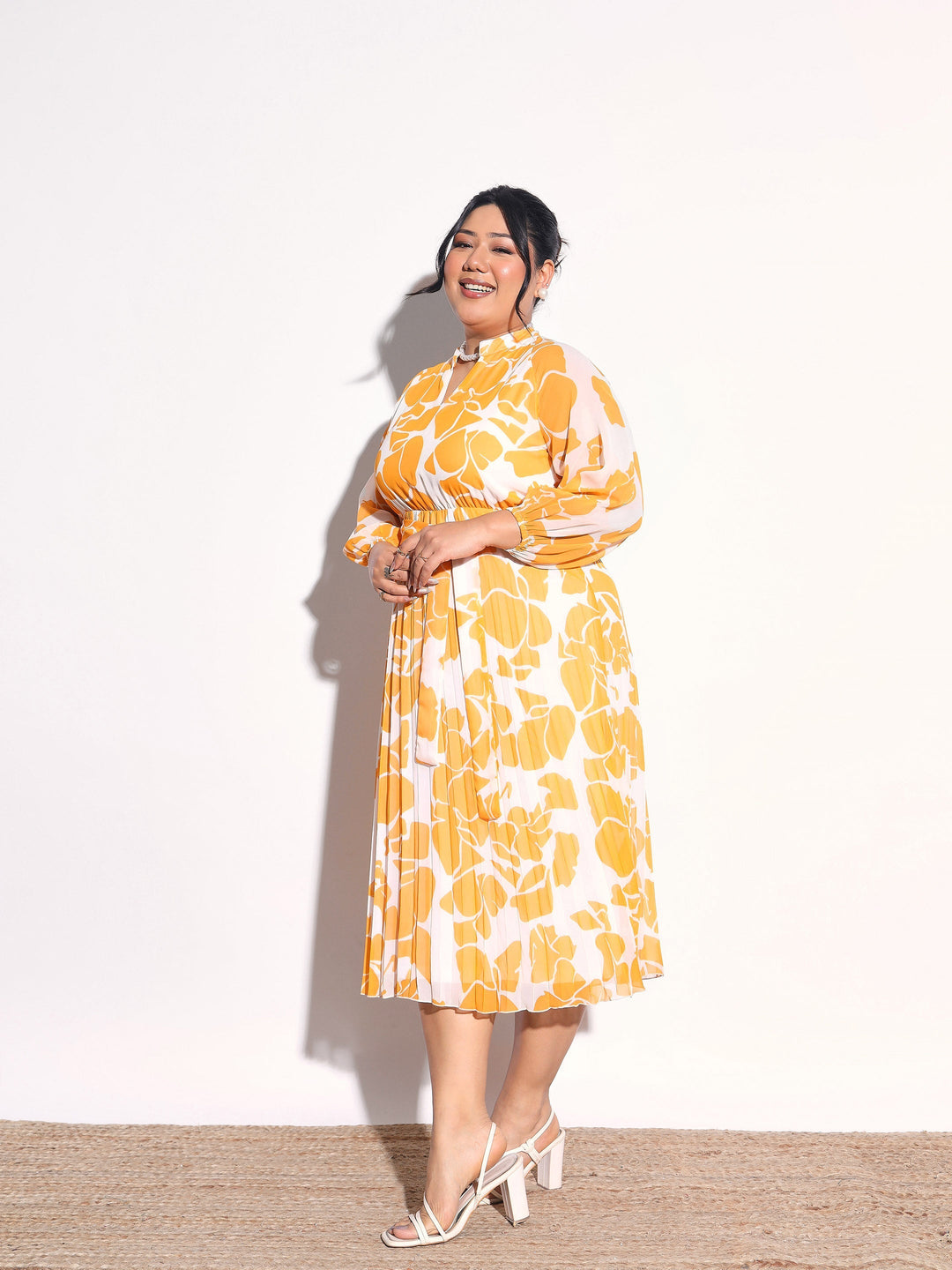 Women Yellow &amp; White Floral Pleated Midi Dress