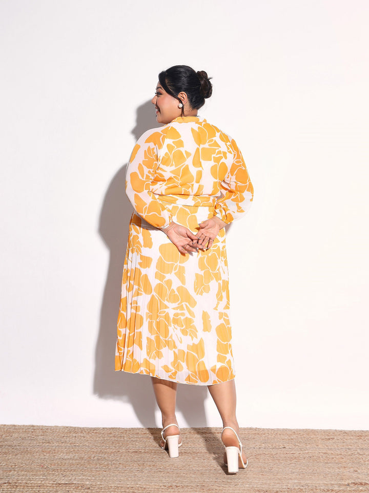 Women Yellow &amp; White Floral Pleated Midi Dress