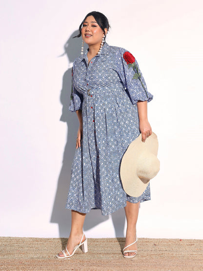 Women Blue Geometric Print Midi Shirt Dress
