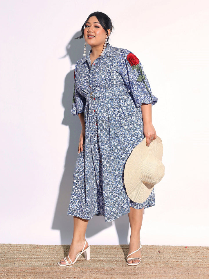 Women Blue Geometric Print Midi Shirt Dress