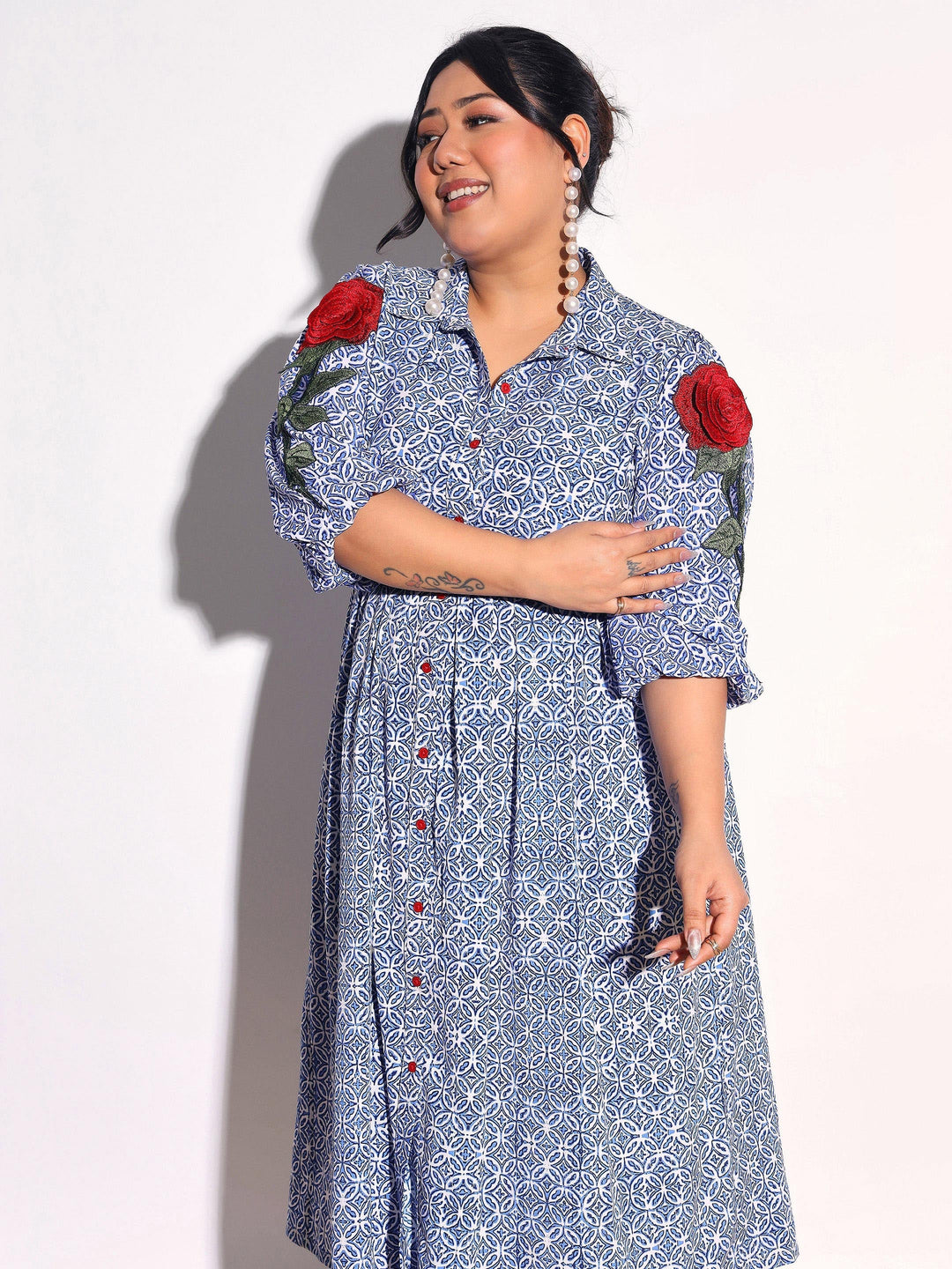 Women Blue Geometric Print Midi Shirt Dress