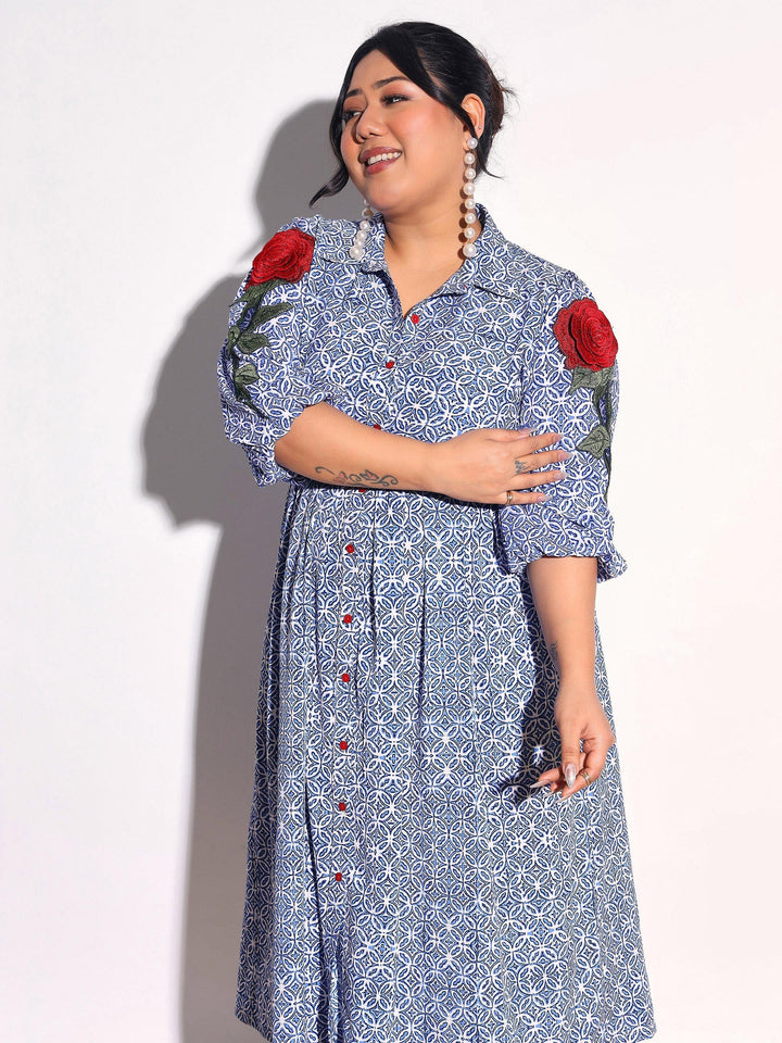 Women Blue Geometric Print Midi Shirt Dress