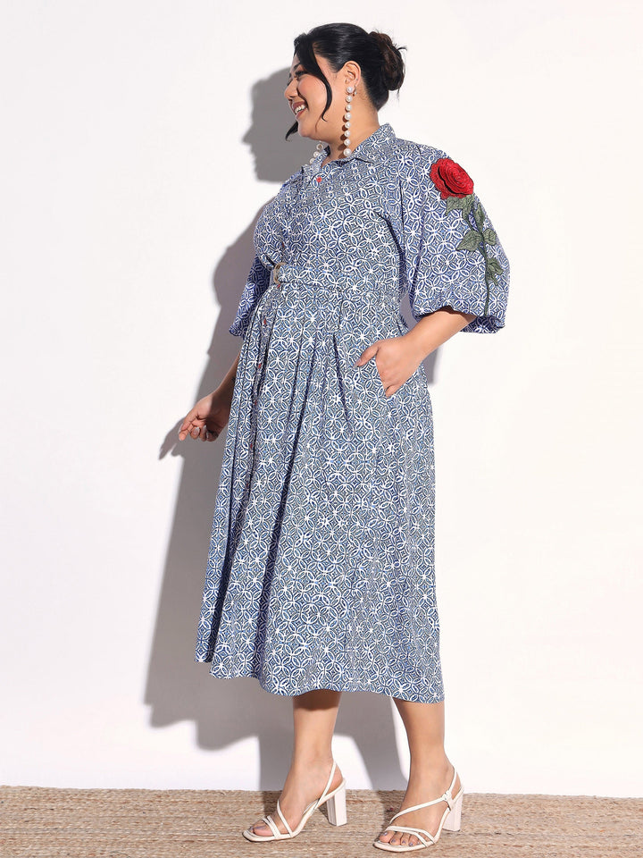 Women Blue Geometric Print Midi Shirt Dress