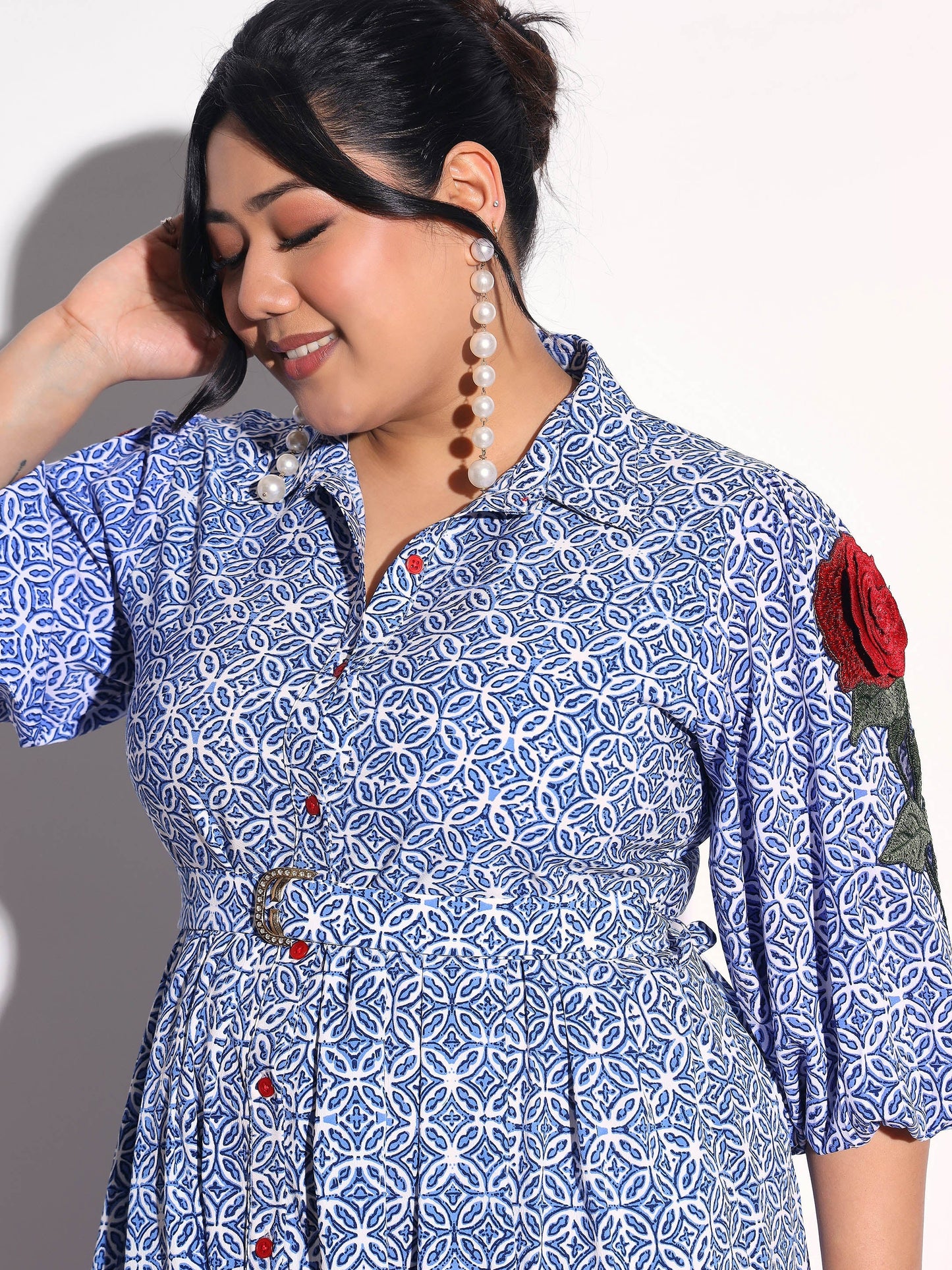Women Blue Geometric Print Midi Shirt Dress