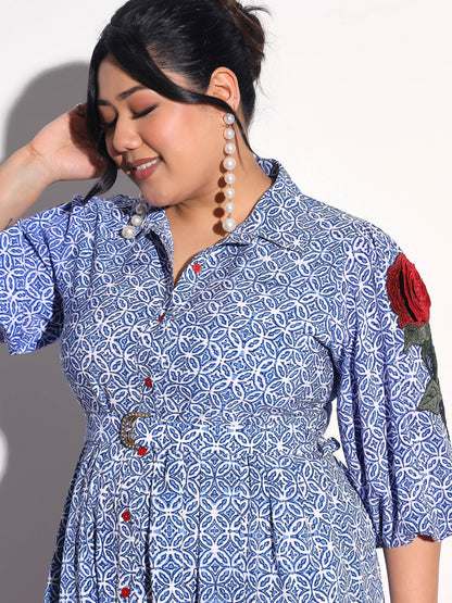 Women Blue Geometric Print Midi Shirt Dress