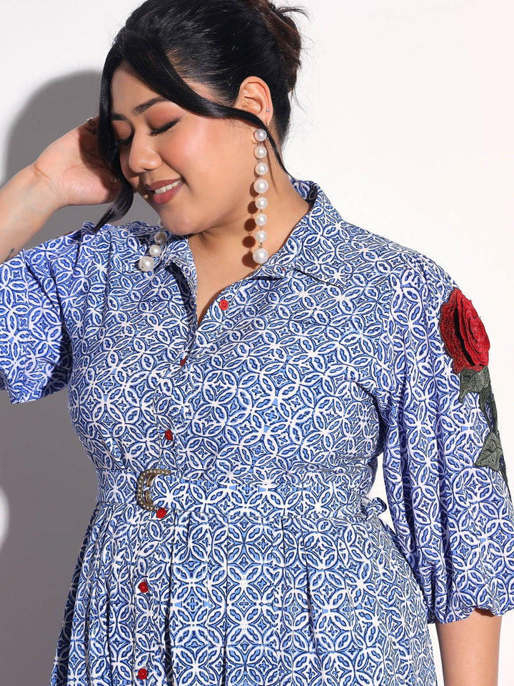 Women Blue Geometric Print Midi Shirt Dress
