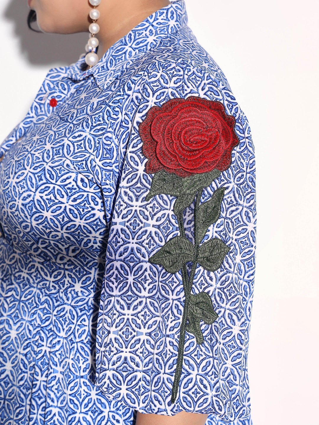 Women Blue Geometric Print Midi Shirt Dress