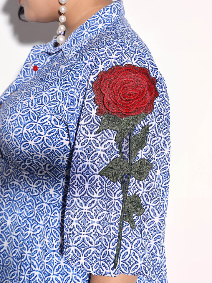 Women Blue Geometric Print Midi Shirt Dress