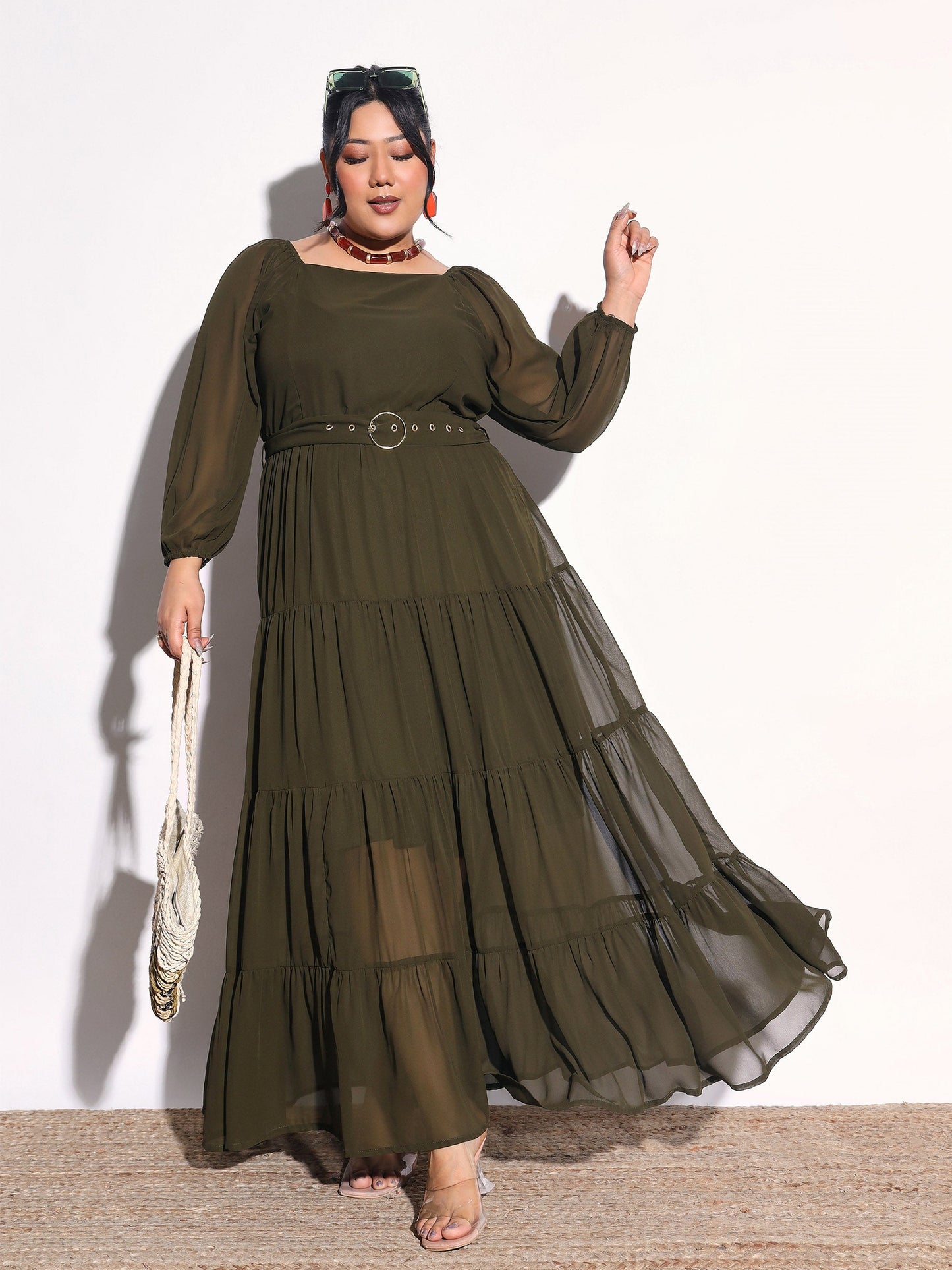 Women Olive Solid Georgette Tiered Maxi Dress