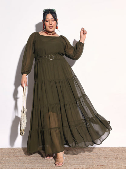 Women Olive Solid Georgette Tiered Maxi Dress