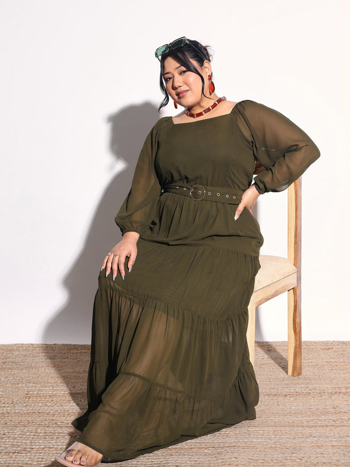 Women Olive Solid Georgette Tiered Maxi Dress