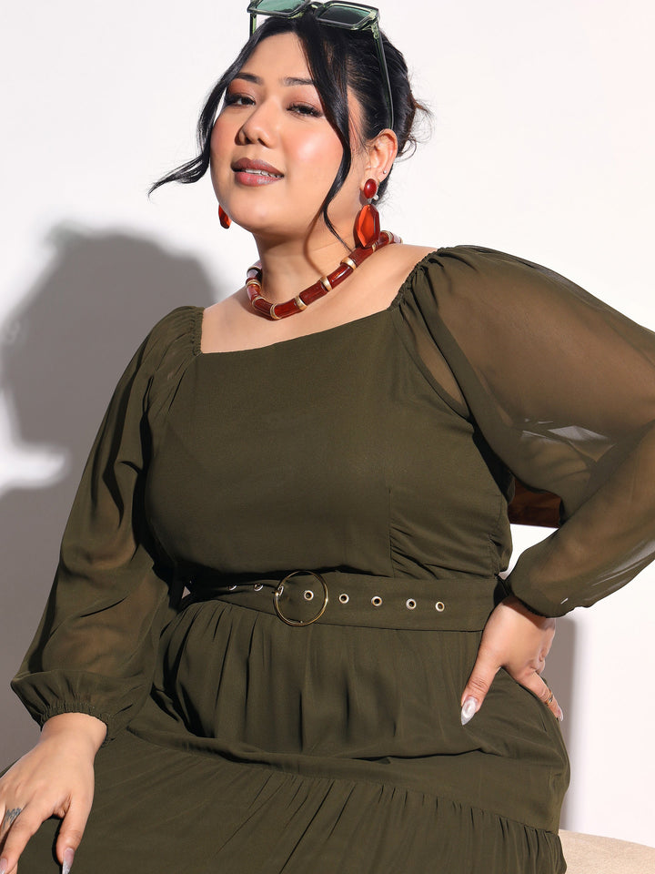 Women Olive Solid Georgette Tiered Maxi Dress