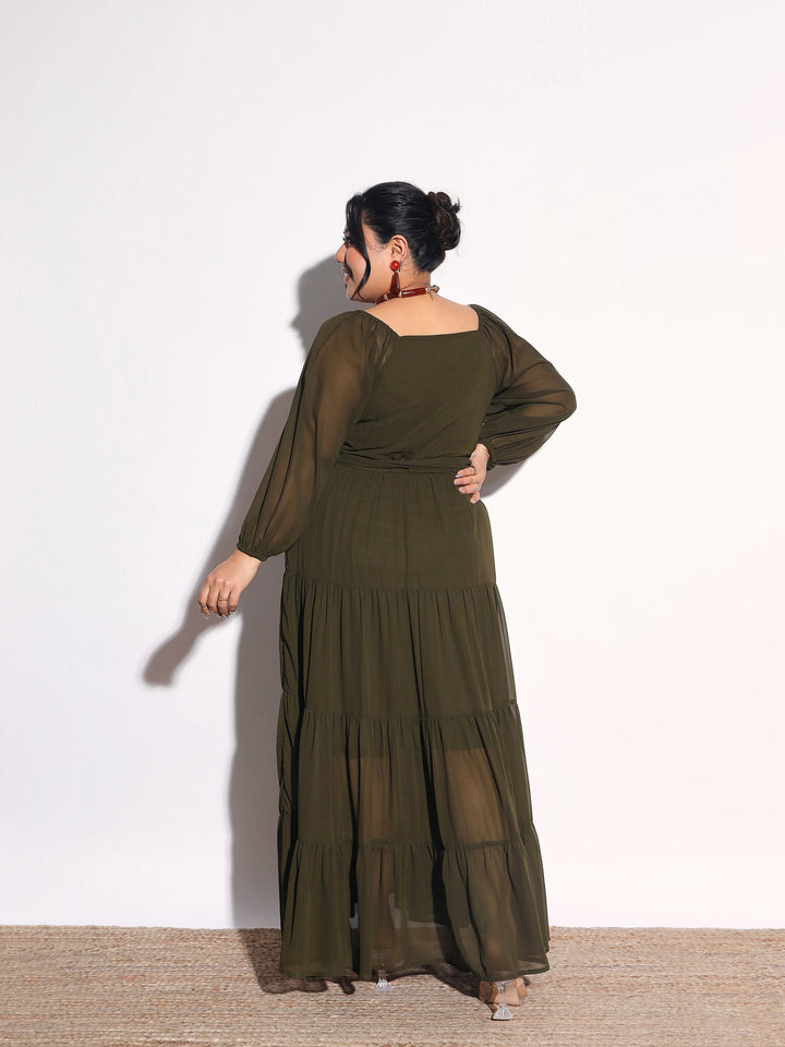 Women Olive Solid Georgette Tiered Maxi Dress