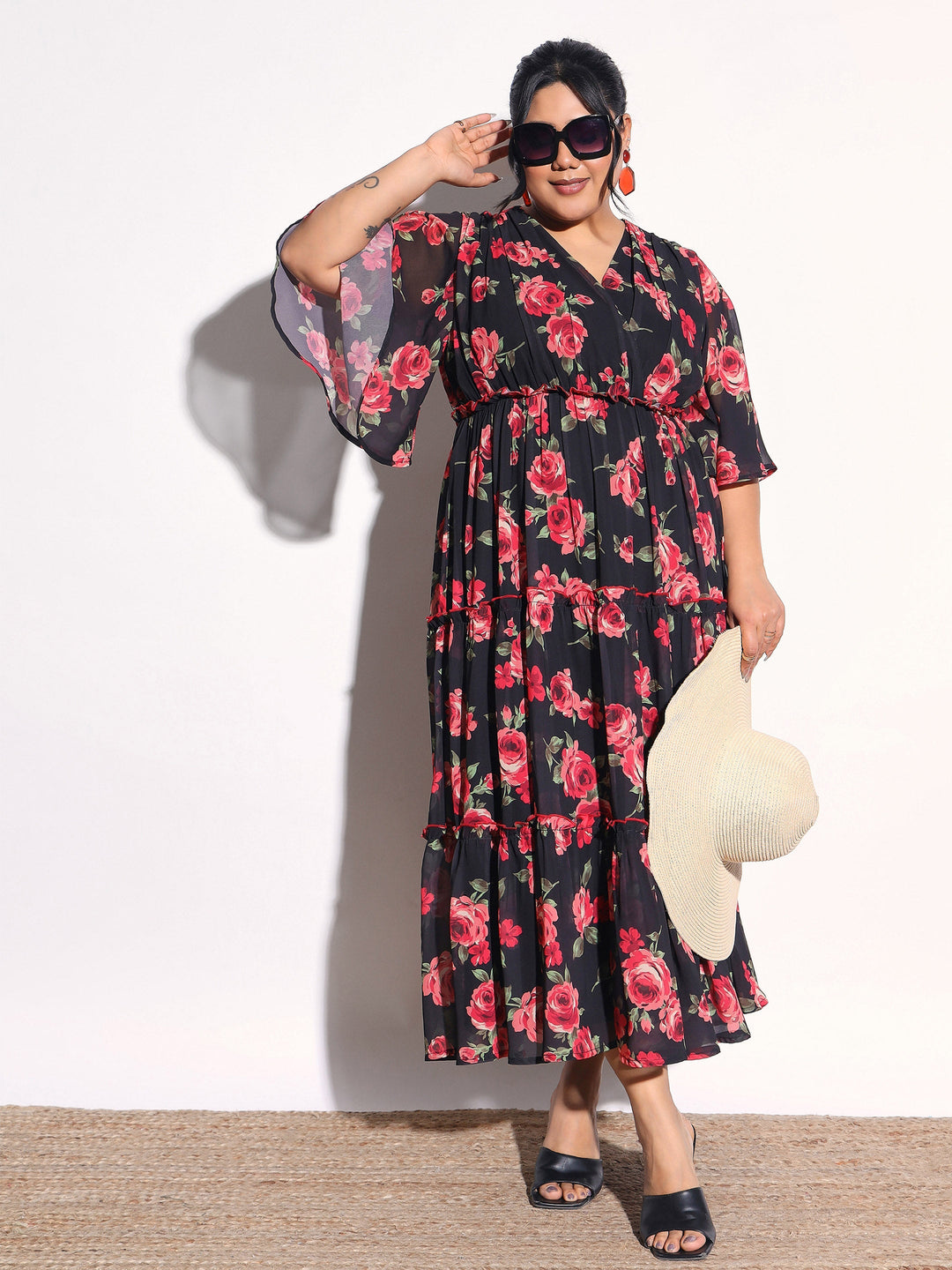 Women Black &amp; Red Floral Flared Sleeves Tiered Maxi Dress