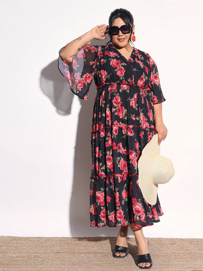 Women Black & Red Floral Flared Sleeves Tiered Maxi Dress