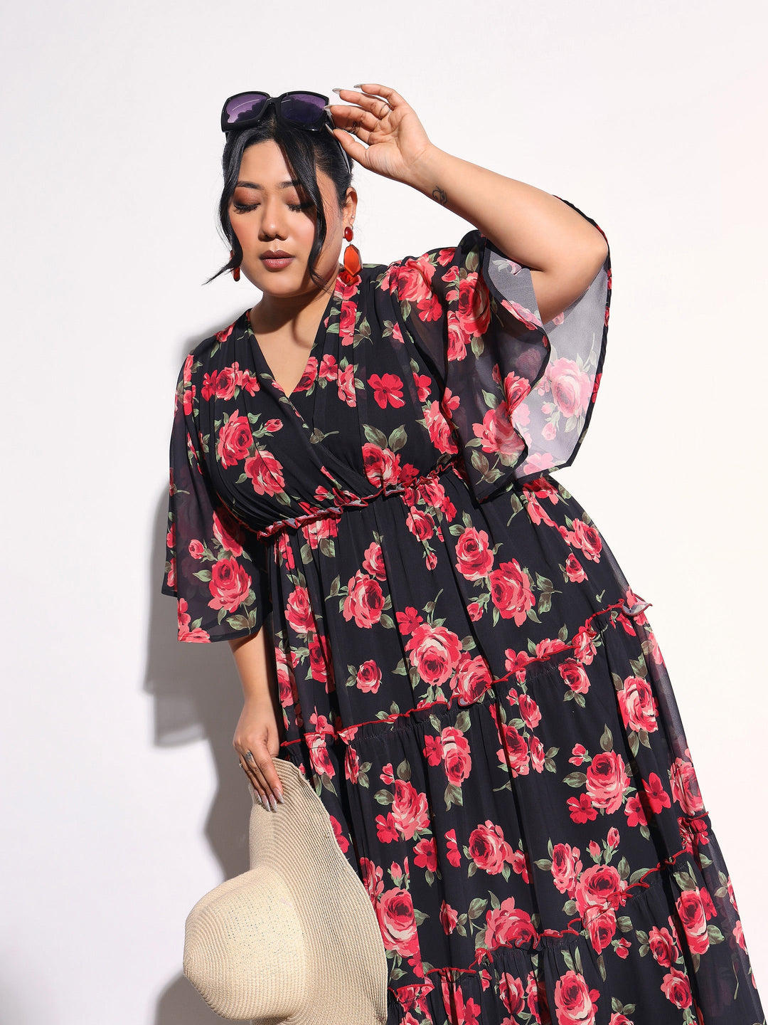 Women Black &amp; Red Floral Flared Sleeves Tiered Maxi Dress