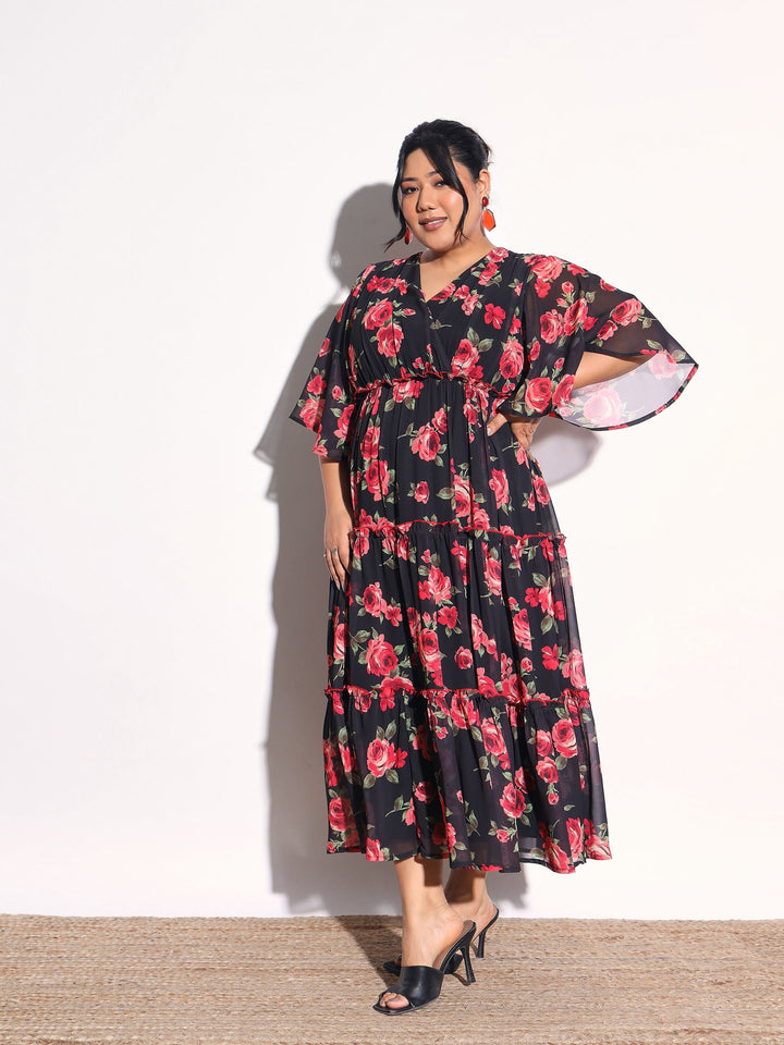 Women Black &amp; Red Floral Flared Sleeves Tiered Maxi Dress