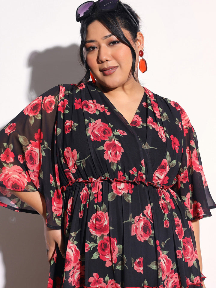 Women Black &amp; Red Floral Flared Sleeves Tiered Maxi Dress