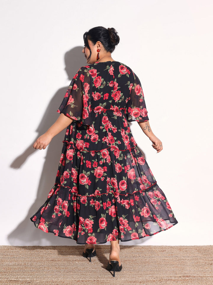 Women Black &amp; Red Floral Flared Sleeves Tiered Maxi Dress